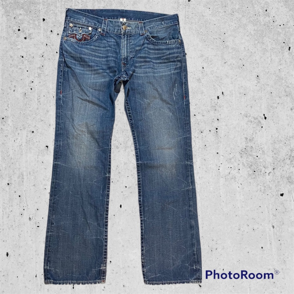 True Religion jeans red stitched pockets whiskered 36 straight mid rise blue